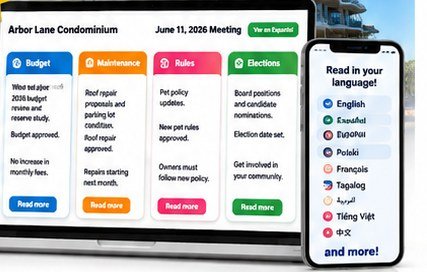 A community meeting page on a laptop and a phone showing many languages